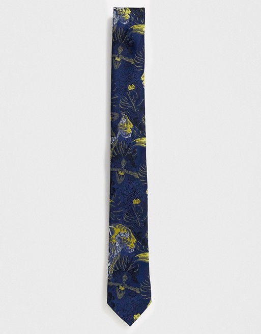 Twisted Tailor tie with tiger palm print in navy