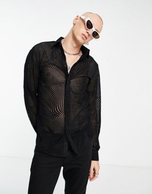 Twisted Tailor torrance slim shirt in black with waves flocking - ASOS Price Checker