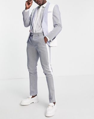 Twisted Tailor triptych skinny fit suit trousers in white and blue stripe panels