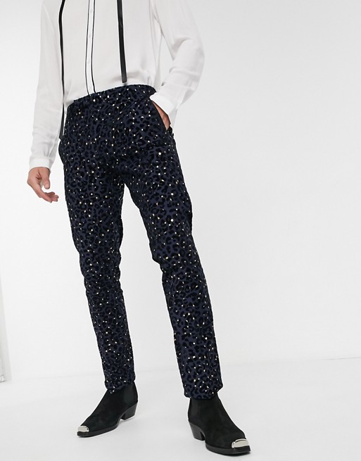 Twisted Tailor trousers with leopard flock in navy
