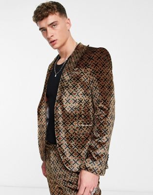 Twisted Tailor varane skinny suit jacket in brown geo logo print - ASOS Price Checker
