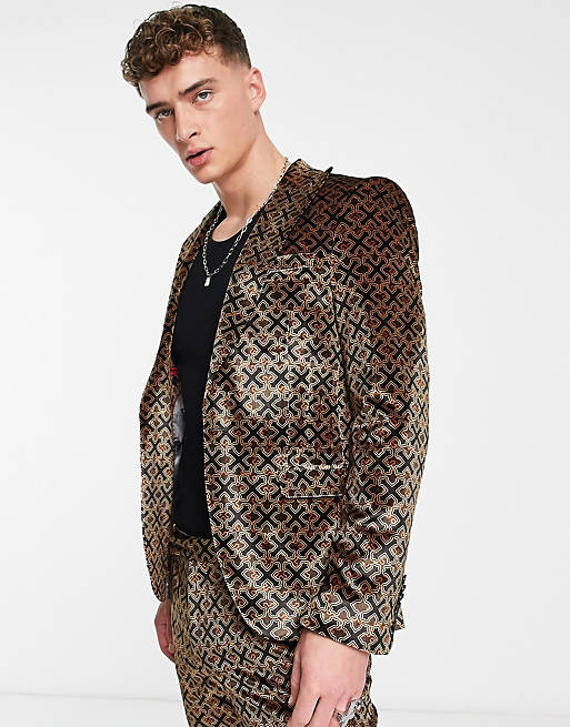 Twisted Tailor varane skinny suit jacket in brown geo logo print | ASOS