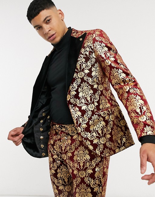 Twisted Tailor velvet suit jacket with gold baroque print and contrast lapel in burgundy