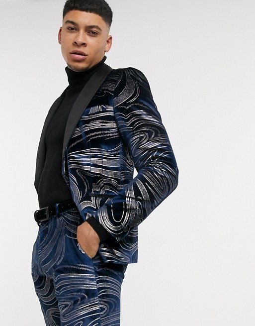 Twisted Tailor velvet suit jacket with swirl design in midnight blue