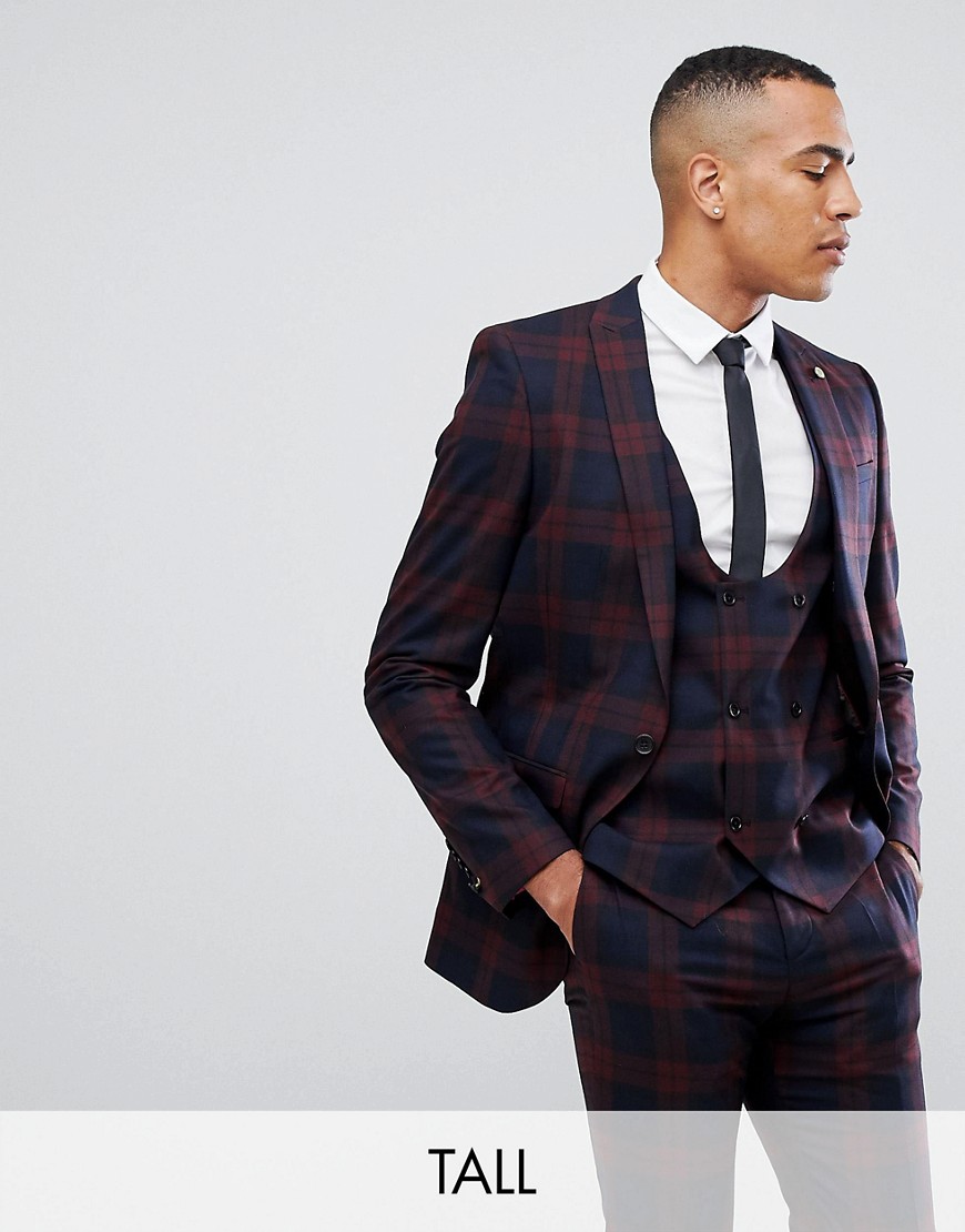 Twisted Tailor – Vinrödrutig kostymjacka med supersmal passform