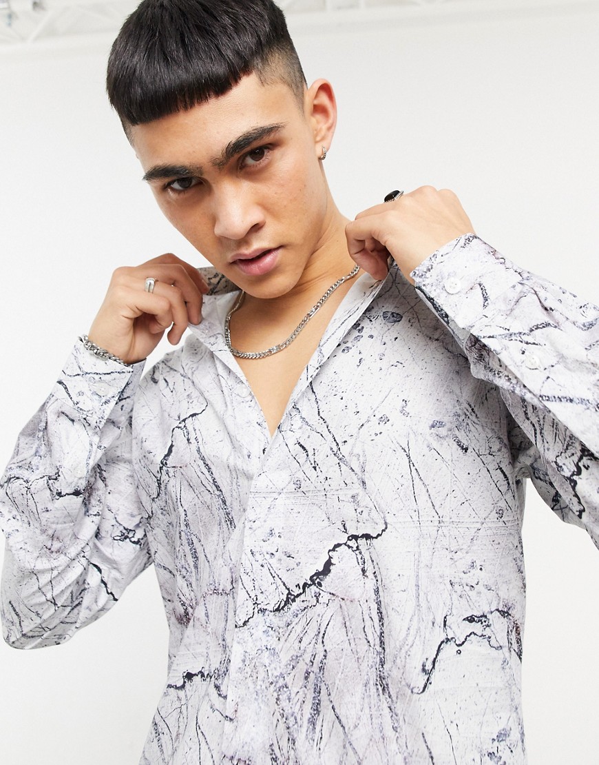 Twisted Tailor – Vit skjorta i extra smal passform med marmorerat mönster