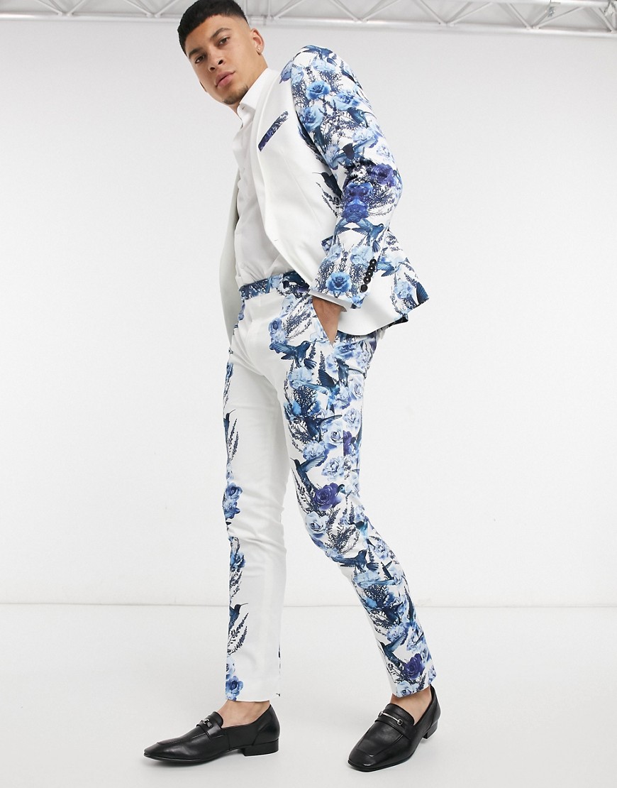 Twisted Tailor – Vita kostymbyxor med blått blommigt spegelmönster