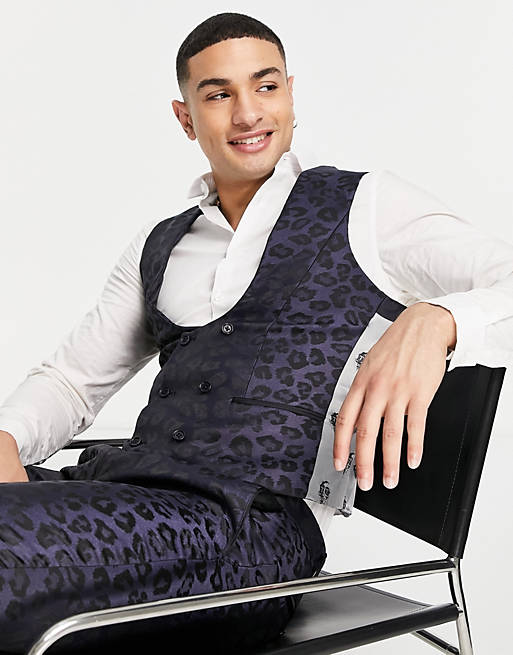 Twisted Tailor waistcoat in navy leopard jacquard design