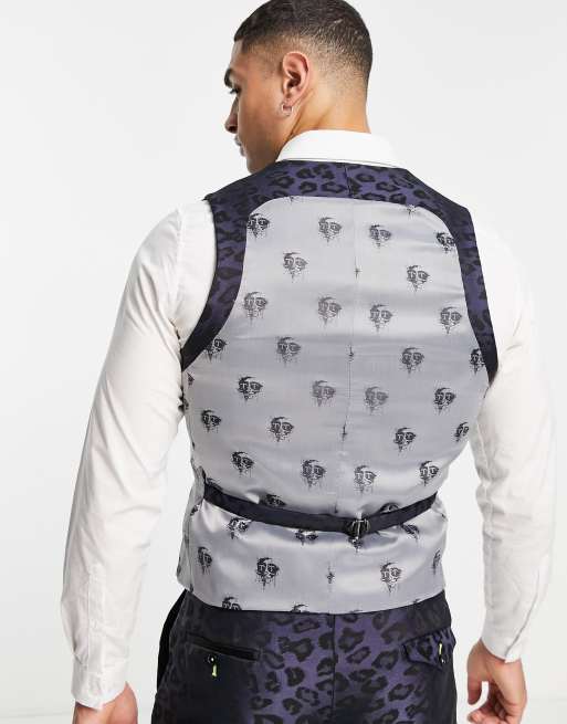 Twisted Tailor waistcoat in navy leopard jacquard design, 3 of 4
