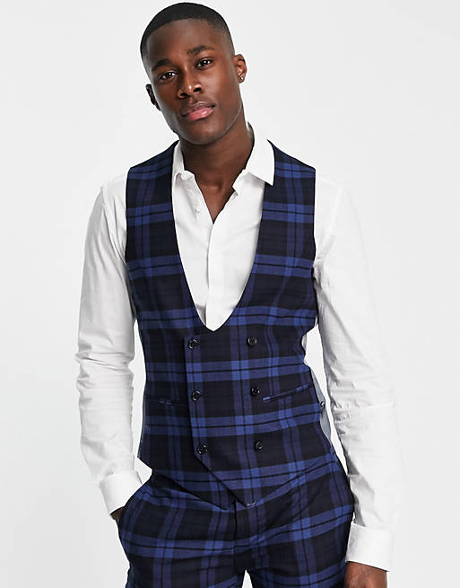Suits Twisted Tailor waistcoat in navy tonal check 