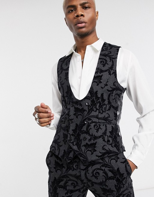 Twisted Tailor waistcoat with flocking in dark grey