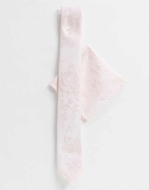 Twisted Tailor wedding floral tie with pocket square in light pink