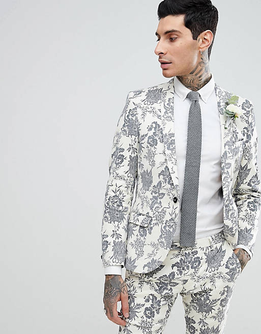 Twisted Tailor wedding super skinny suit jacket in cream flocked linen ...