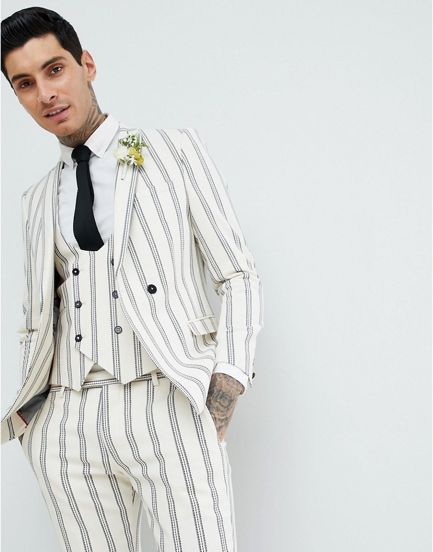 Twisted Tailor wedding super skinny suit jacket in cream stripe linen