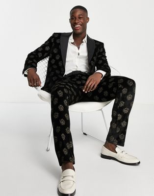 Twisted Tailor Westgate skinny suit trousers in black with gold star foil print - ASOS Price Checker