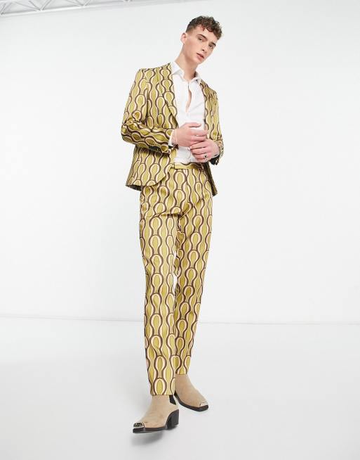 Twisted Tailor – Zielone satynowe spodnie garniturowe w falisty wzór w stylu lat 70., 3 z 5