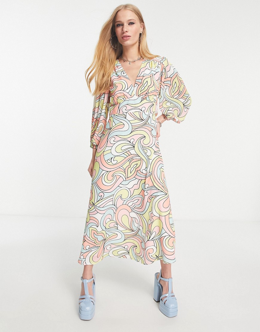 Twisted Wunder balloon sleeve midi dress in pastel swirl print-Multi