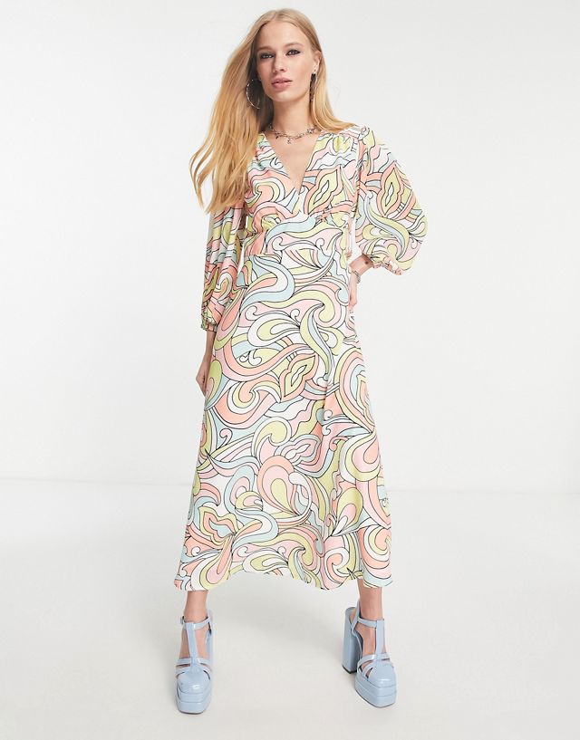 Twisted Wunder balloon sleeve midi dress in pastel swirl print