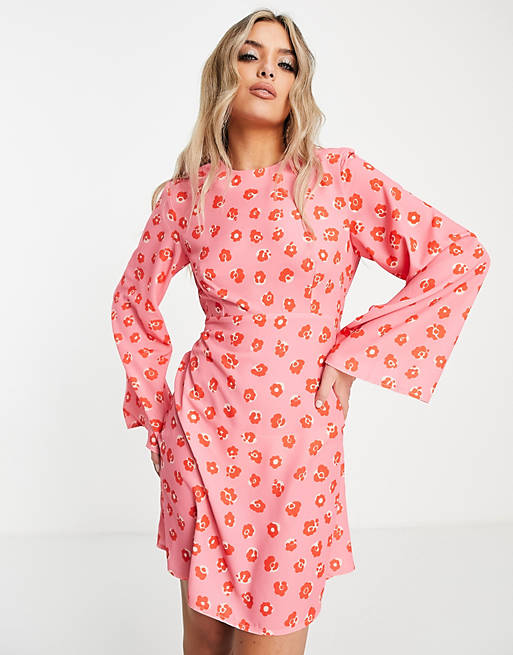Women Twisted Wunder bell sleeve mini dress in painted floral 