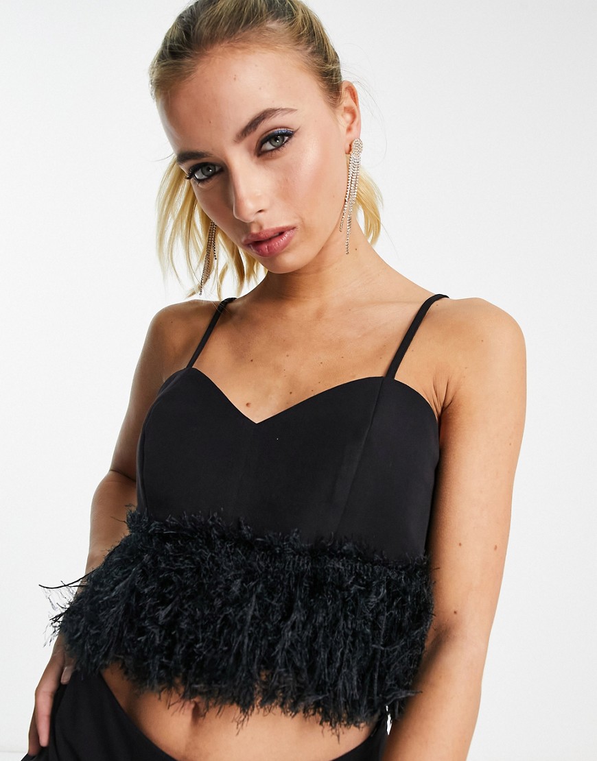Twisted Wunder cami crop top with faux feather hem in black co-ord