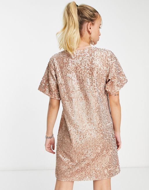 Twisted Wunder – Cekinowa t-shirtowa sukienka oversize mini w kolorze  szampana | ASOS