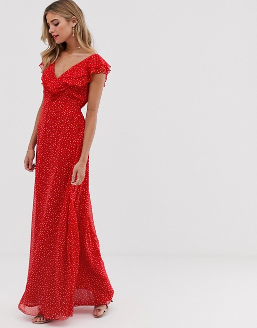 Twisted Wunder chiffon maxi dress with ruffle detail in ditsy polka dot