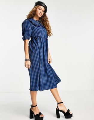 Twisted Wunder collar print check dress in blue