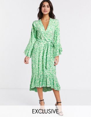 green ruffle midi dress