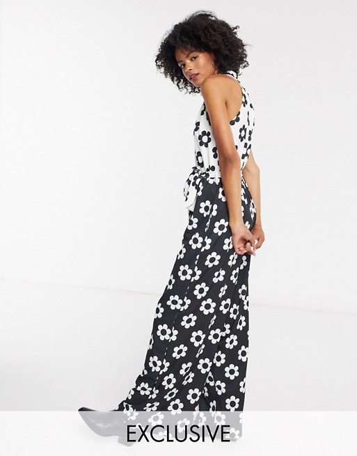 Twisted Wunder exclusive wide leg jumpsuit in mono retro daisy