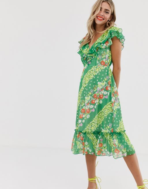 Twisted Wunder flounced sleeve midi dress green floral | ASOS