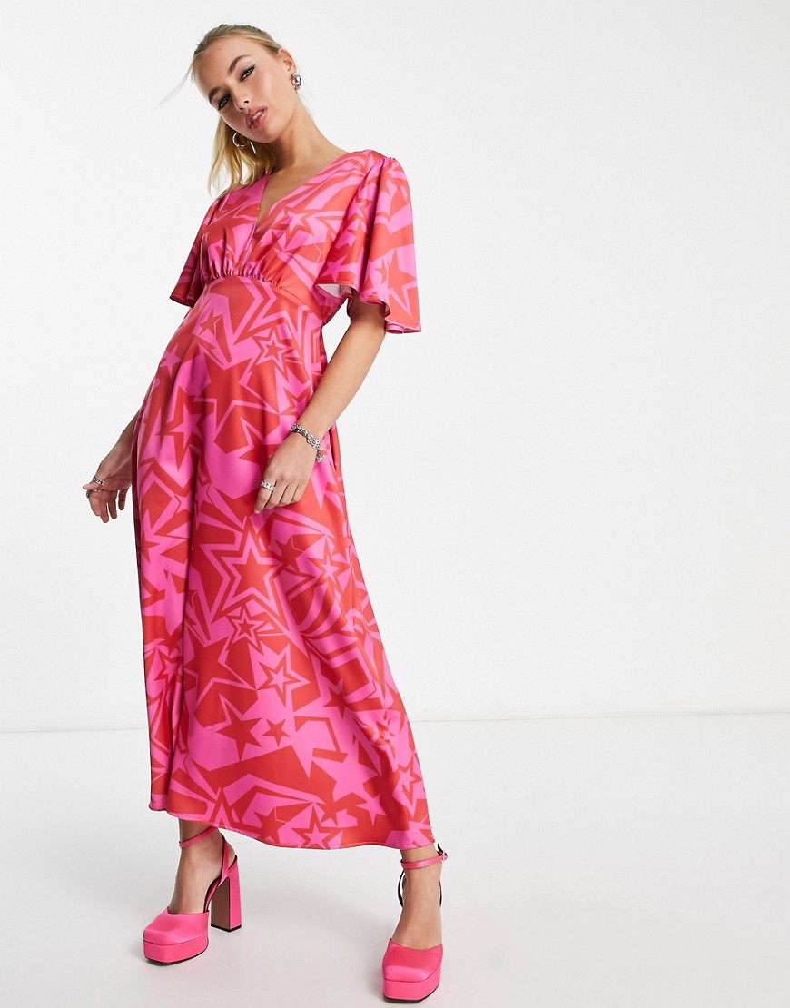 flutter sleeve maxi dress in pink and red star print