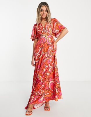 Twisted Wunder flutter sleeve maxi dress in swirl print | ASOS