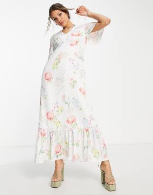 Twisted Wunder flutter sleeve maxi tea dress in botanical floral - ASOS Price Checker