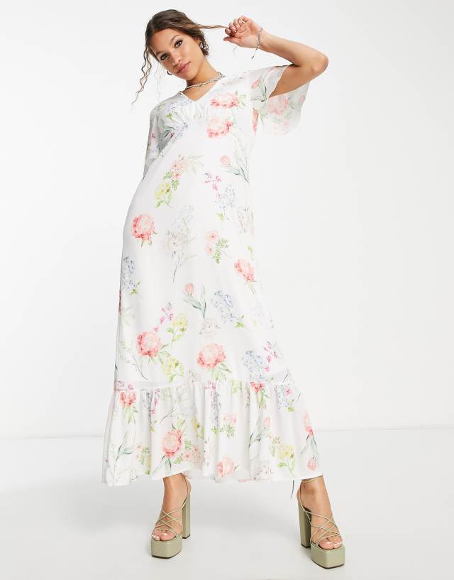 Twisted Wunder flutter sleeve maxi tea dress in botanical floral