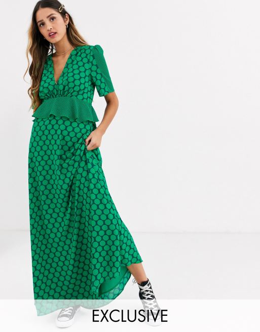 Twisted Wunder frill waist detail maxi dress in contrast green polka dot | ASOS