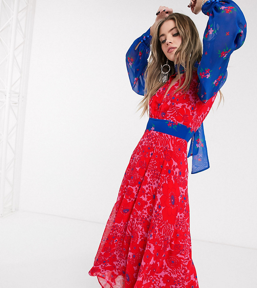Twisted Wunder - Hoogsluitende halflange jurk met print in rood en blauw-Multi