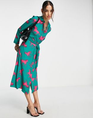 Twisted Wunder horse print shirt dress in green