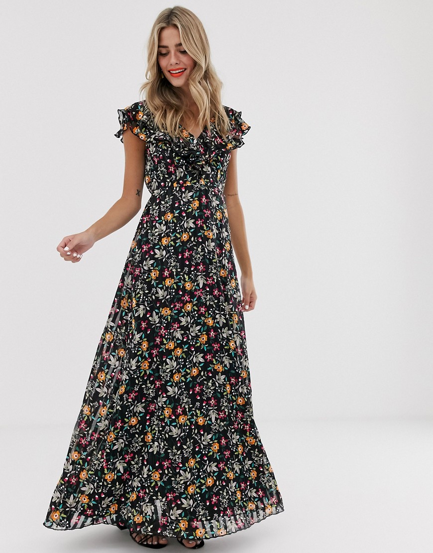 Twisted Wunder - Lange chiffon jurk met ruches en fijne bloemenprint-Multi