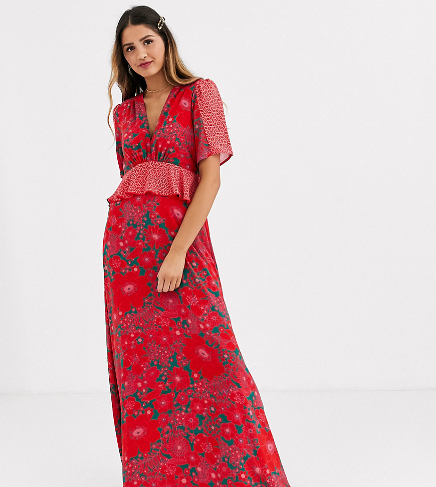 Twisted Wunder - Lange jurk met bloemenprint, contrasterende zoom en schouder-Multi