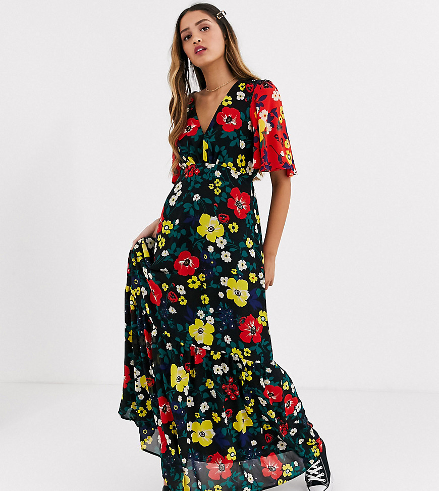 Twisted Wunder - Lange jurk met bloemenprint en contrasterende mouwen-Multi