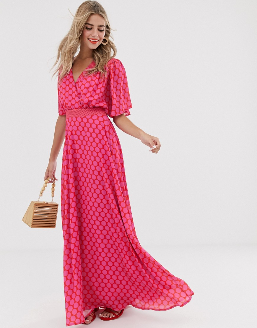 Twisted Wunder - Lange jurk met ruches en roze en rode stippen