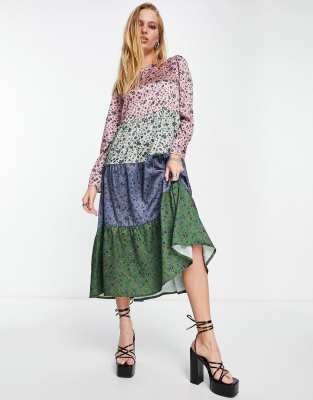 Twisted Wunder Long Sleeve Midi Smock Dress In Mixed Patchwork Floral