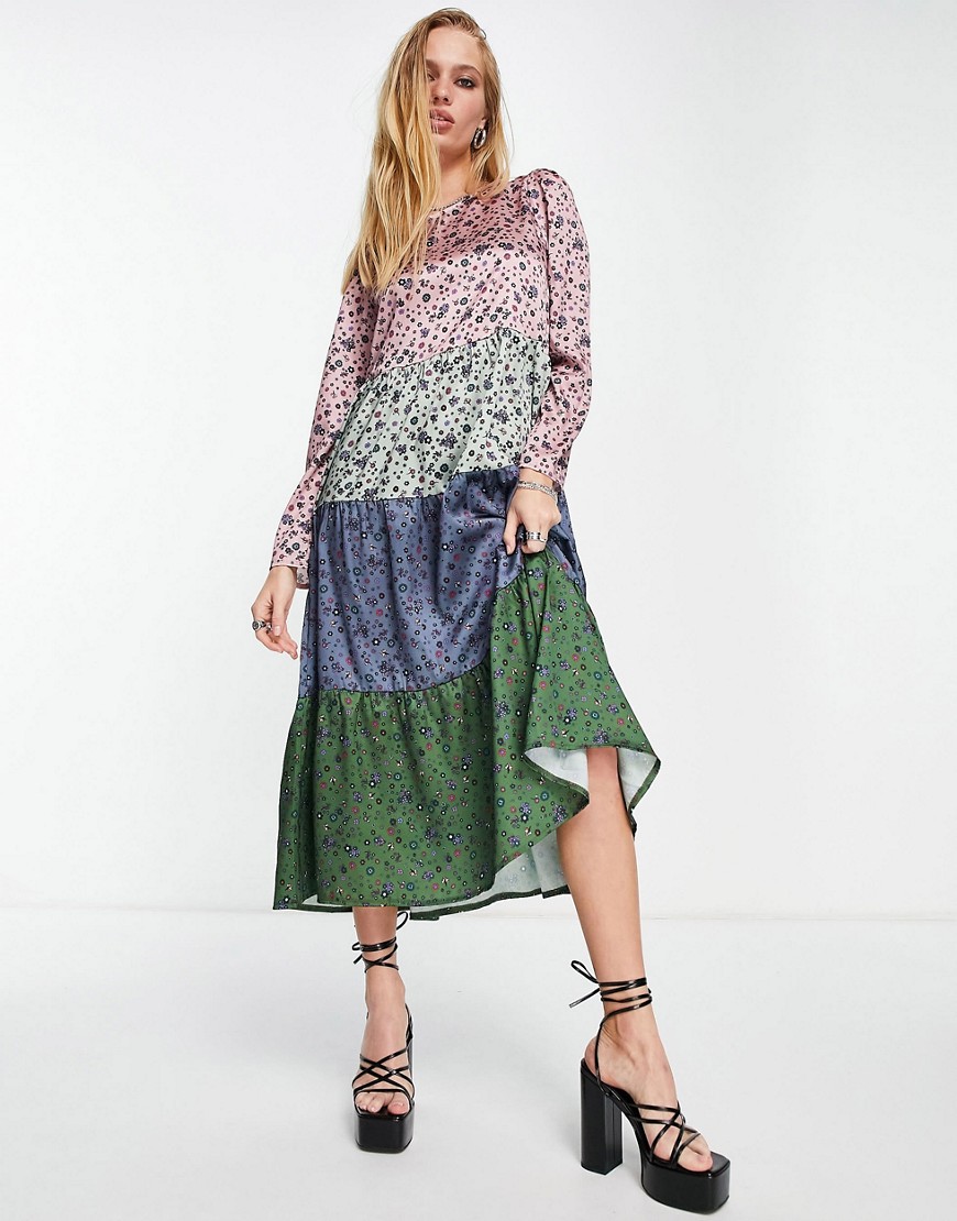 Twisted Wunder long sleeve midi smock dress in mixed patchwork floral-Multi