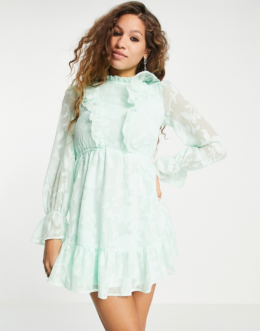 long sleeve mini dress with frill detail in mint green
