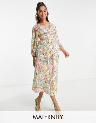 Twisted Wunder Maternity balloon sleeve midi dress in pastel swirl print-Multi