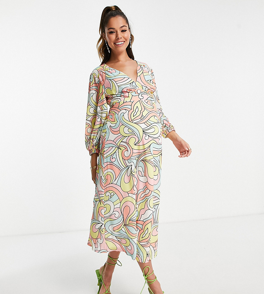 balloon sleeve midi dress in pastel swirl print-Multi