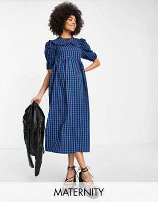 Twisted Wunder Maternity collar print check dress in blue