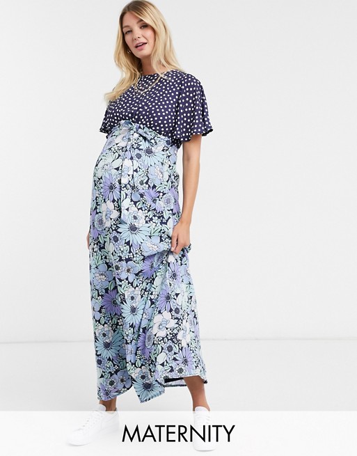 Twisted Wunder Maternity flutter sleeve maxi in retro floral and spot mix