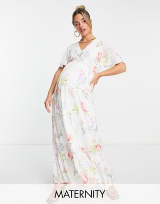 flutter sleeve maxi tea dress in botanical floral-White