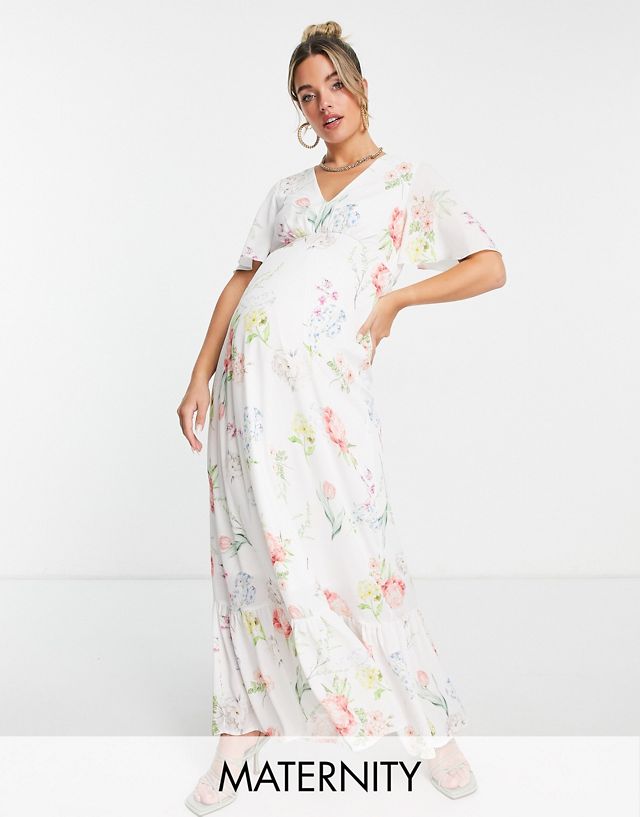 Twisted Wunder Maternity flutter sleeve maxi tea dress in botanical floral